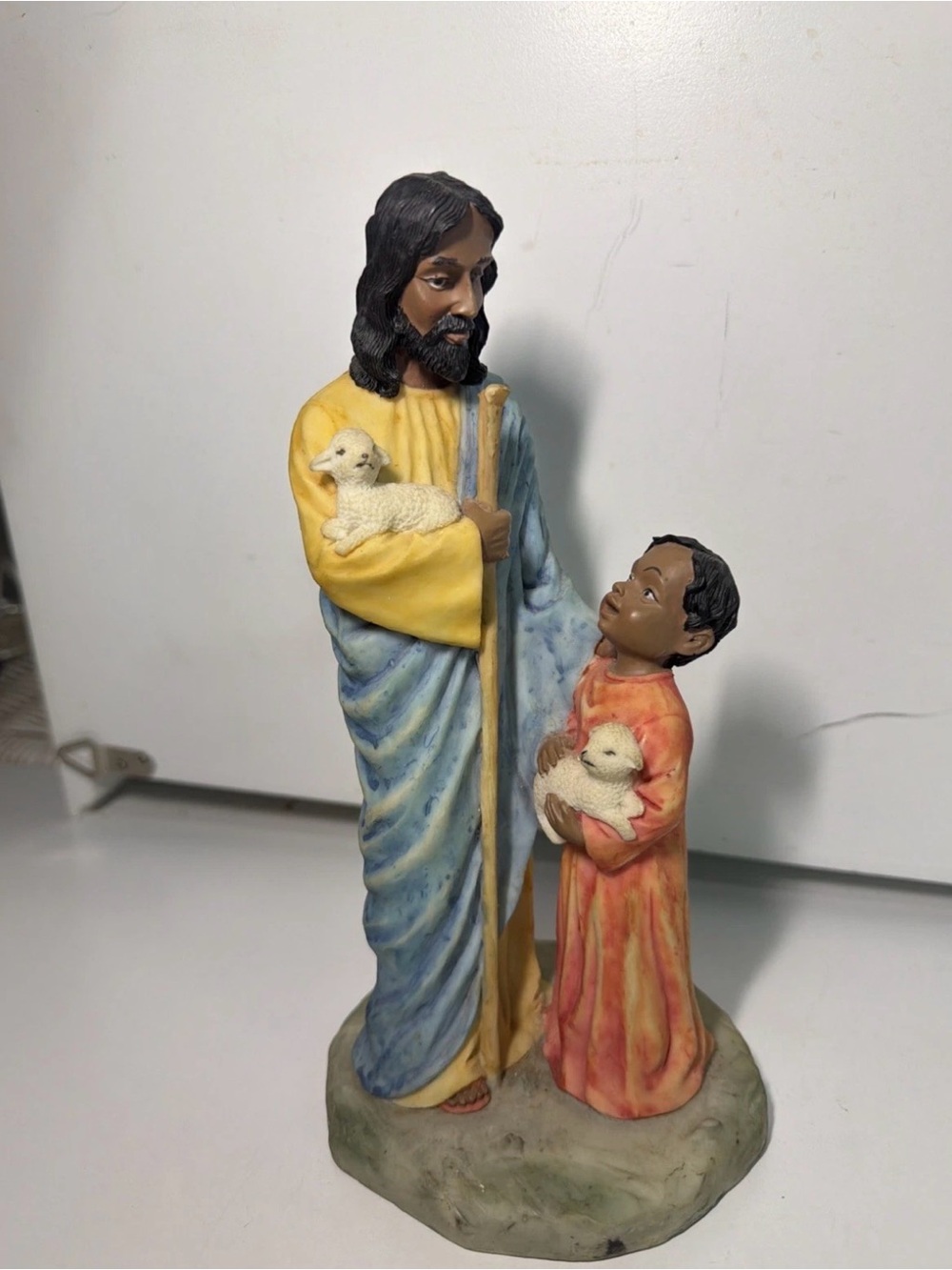 Religious Shepherd and Child Sculpture – Blue, Yellow, Orange